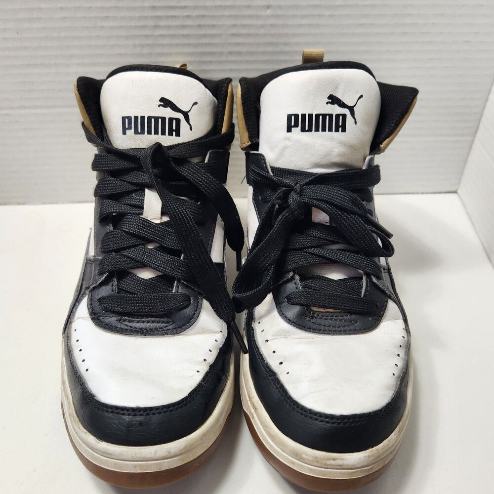 Puma Rebound Joy High Top Basketball Shoes Men's Size 8.5 White Black Tan Gold